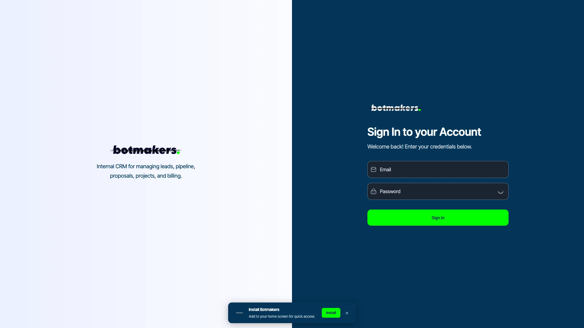 Botmakers CRM dashboard showing client pipeline and invoicing